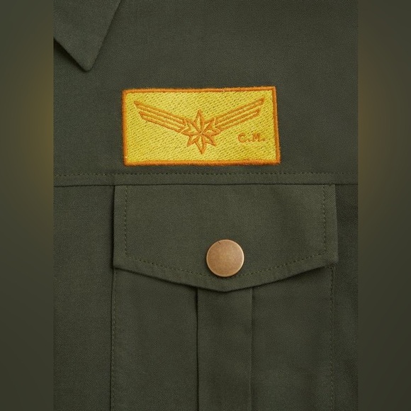 Her Universe Captain Marvel Olive Patchwork Shirt Dress NWT Size L 12 - Picture 10 of 15